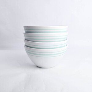 Martha Stewart Everyday Set of 4 White Rice Bowls Aqua Green Striped Stoneware